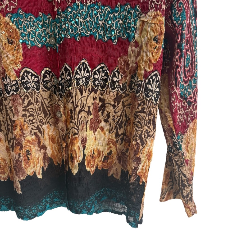 Y2K Alberto Makali Blouse Floral Paisley Crinkle Top Flowing Sequin Detail Sz L - Picture 3 of 7